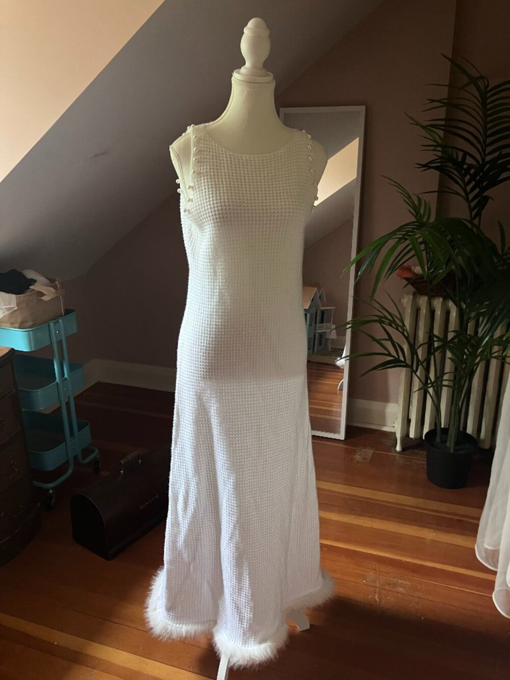 White loose cable knit fur trimmed maxi dress long sundress cover up summer - Picture 5 of 11